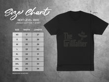 Load image into Gallery viewer, Unisex cotton t-shirt size chart for The Grillfather brand, measured in inches.