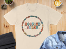 Load image into Gallery viewer, T-shirt with "Hospice Nurse" text in colorful circle.