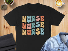 Load image into Gallery viewer, Black t-shirt with "NURSE NURSE NURSE" in retro pastel lettering.