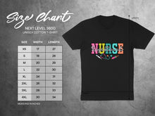 Load image into Gallery viewer, Unisex cotton t-shirt size chart with "Registered Nurse" graphic.