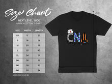 Load image into Gallery viewer, Size chart for Next Level 3600 unisex cotton t-shirt with title and graphic.