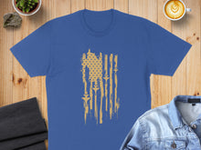 Load image into Gallery viewer, Blue t-shirt with distressed gold American flag design featuring fighter jets.