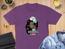 Load image into Gallery viewer, Purple t-shirt featuring a woman with curly hair and butterflies, with "Scrub Life" text.