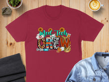 Load image into Gallery viewer, Maroon t-shirt with "Med Tech Crew" graphic featuring medical symbols and leopard print.