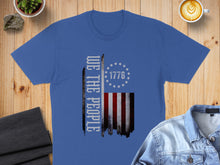 Load image into Gallery viewer, Blue t-shirt with "WE THE PEOPLE" and distressed US flag design.