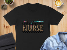 Load image into Gallery viewer, Black t-shirt with leopard print "Wife Mom Nurse" graphic and stethoscope.