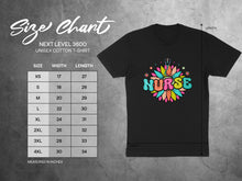 Load image into Gallery viewer, Unisex Next Level 3600 cotton t-shirt size chart with width and length measurements.
