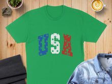 Load image into Gallery viewer, Green t-shirt with "USA" in distressed red, white, and blue stars and stripes.