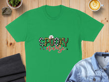 Load image into Gallery viewer, Green t-shirt with "Spooky Nurse" text in Halloween-themed fonts.