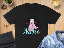Load image into Gallery viewer, Black t-shirt with ghost nurse design and text "You can't scare me, I'm a Nurse".