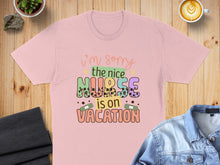 Load image into Gallery viewer, Pink t-shirt with "I'm sorry the nice nurse is on vacation" text design.