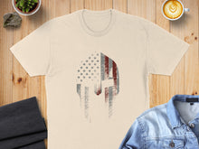Load image into Gallery viewer, Cream t-shirt with distressed American flag Spartan helmet graphic.