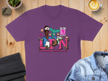 Load image into Gallery viewer, Purple t-shirt with LPN, stethoscope, and medical supplies graphic.