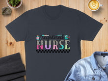 Load image into Gallery viewer, Dark gray t-shirt with "Preregistered Nurse" text and medical icons.