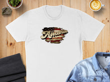 Load image into Gallery viewer, White t-shirt with distressed "America" text overlaid on a US flag.