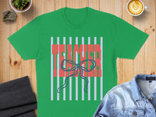 Load image into Gallery viewer, Green t-shirt with red "TEACHER" text and a blue bow design.