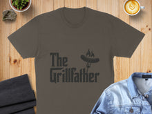 Load image into Gallery viewer, Dark grey t-shirt with "The Grillfather" text and a sausage on a fork graphic.