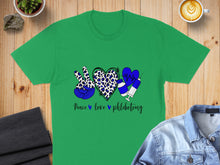 Load image into Gallery viewer, Green t-shirt with peace, heart, and syringe graphic, "Peace love phlebotomy" text.