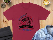 Load image into Gallery viewer, Maroon t-shirt with "Celebrating America's 4th July Semiquincentennial 1776-2026" text and Statue of Liberty graphic.