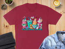 Load image into Gallery viewer, Maroon t-shirt with "NICU Neonatal Intensive Care Unit" text and cartoon coffee cups.