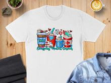 Load image into Gallery viewer, T-shirt with cartoon coffee cups and medical symbols, "Emergency Medical Services".