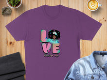 Load image into Gallery viewer, Purple t-shirt with "LOVE #nurse life" and a woman with butterflies.