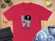 Load image into Gallery viewer, Red t-shirt with "LOVE #nurse life" graphic featuring a woman and butterflies.