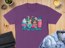 Load image into Gallery viewer, Purple t-shirt with "Emergency Nurse" text and coffee cup graphics.