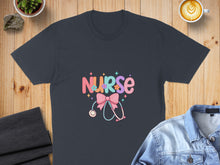 Load image into Gallery viewer, Dark grey t-shirt with "Nurse" text, flowers, and stethoscope.