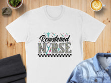 Load image into Gallery viewer, White t-shirt with "Registered Nurse" text and medical icons.
