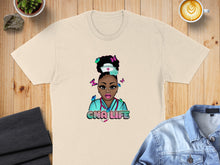 Load image into Gallery viewer, T-shirt with colorful graphic of a Black nurse with butterflies and "CNA LIFE" text.