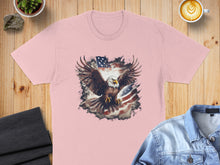 Load image into Gallery viewer, Pink t-shirt with distressed eagle and American flag graphic.