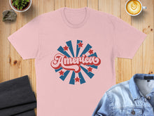 Load image into Gallery viewer, Pink t-shirt with retro "America" text and starburst graphic.