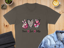 Load image into Gallery viewer, T-shirt with "Peace, Love, CMA" text and medical symbols.