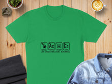 Load image into Gallery viewer, Green t-shirt with "Te Ac H Er" and "the inspirational element" text.
