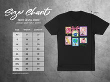 Load image into Gallery viewer, Next Level 3600 unisex t-shirt size chart in inches, showing width and length measurements.