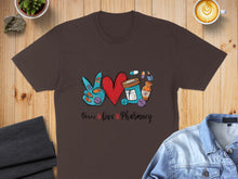 Load image into Gallery viewer, Brown t-shirt with "Peace love Pharmacy" and medical icons.