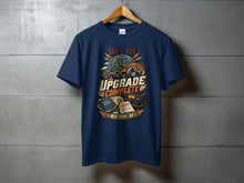 Load image into Gallery viewer, Navy t-shirt with "Upgrade Complete" graphic featuring radio equipment and globe.