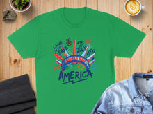 Load image into Gallery viewer, Green t-shirt with "Land of the Free 4th of July 1776" America graphic.