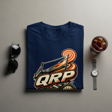 Load image into Gallery viewer, Navy t-shirt with "QRP" logo featuring a racing theme and checkered flag.