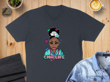 Load image into Gallery viewer, T-shirt featuring a cartoon nurse with butterflies and "CNA LIFE" text.