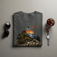 Load image into Gallery viewer, Gray t-shirt graphic shows man with radio on mountain summit at sunset, text "SUMMIT SIGNAL".