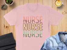 Load image into Gallery viewer, Pink t-shirt with "Nurse" repeated three times in colorful patterned letters.
