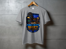 Load image into Gallery viewer, Grey t-shirt with "Night Shift Net Control" graphic featuring radio equipment.