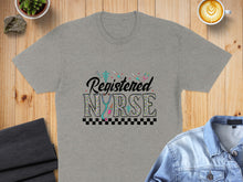 Load image into Gallery viewer, Grey t-shirt with "Registered Nurse" text and medical graphic elements.