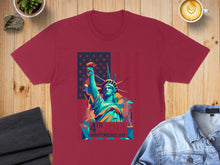 Load image into Gallery viewer, Maroon t-shirt featuring Statue of Liberty and US flag graphic, "4th Independence Day" text.