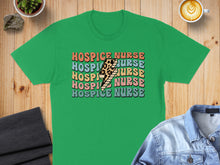 Load image into Gallery viewer, Green t-shirt with "Hospice Nurse" text in colorful wavy letters and a lightning bolt.