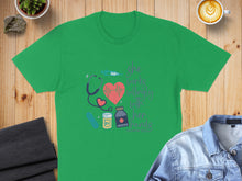 Load image into Gallery viewer, Green t-shirt with "She works with her hands" and medical graphics.