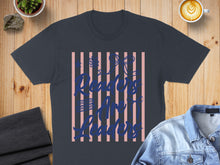 Load image into Gallery viewer, Dark t-shirt with "Readers Are Leaders" text on pink stripes.