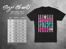Load image into Gallery viewer, Next Level 3600 unisex t-shirt size chart with width and length measurements.